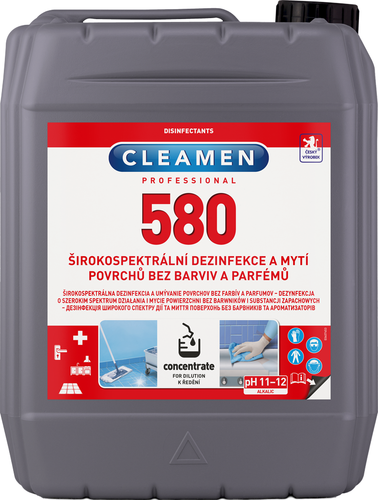 CLEAMEN 580 dezinfekce a myti povrchů širokospektrální 5l bez barviv a parfémů (MRSA)