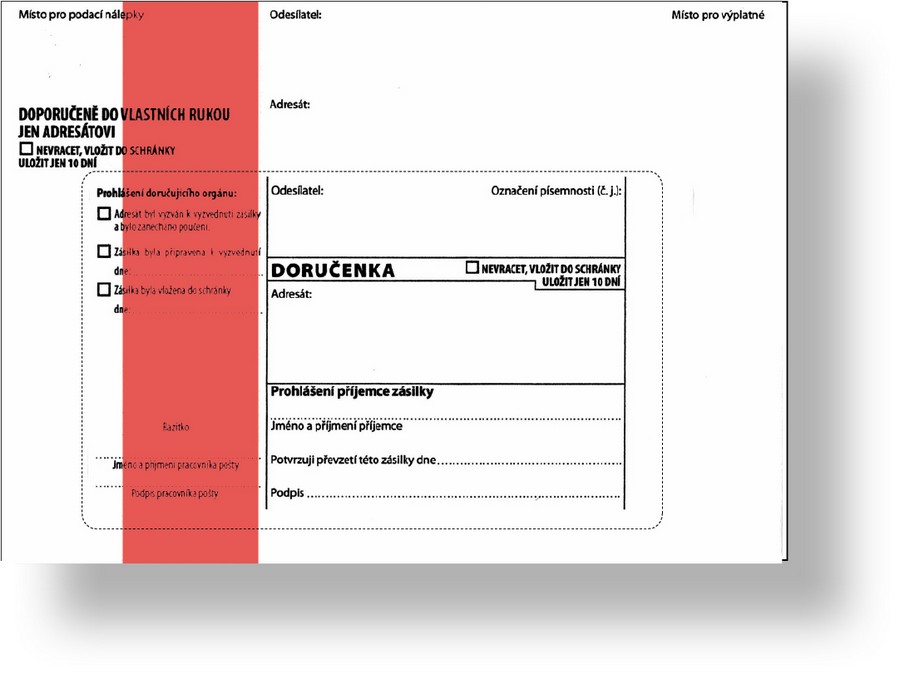 Obálka s doručenkou a odtrhovacím poučením (správní řád) B6, červený pruh, text, 1000 ks, 125 x 176 mm