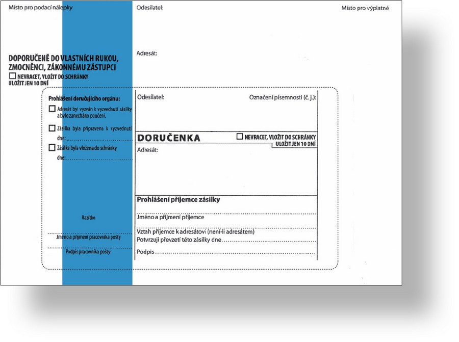 Obálka s doručenkou a odtrhovacím poučením (správní řád) B6, modrý pruh, text, 1000 ks, 125 x 176