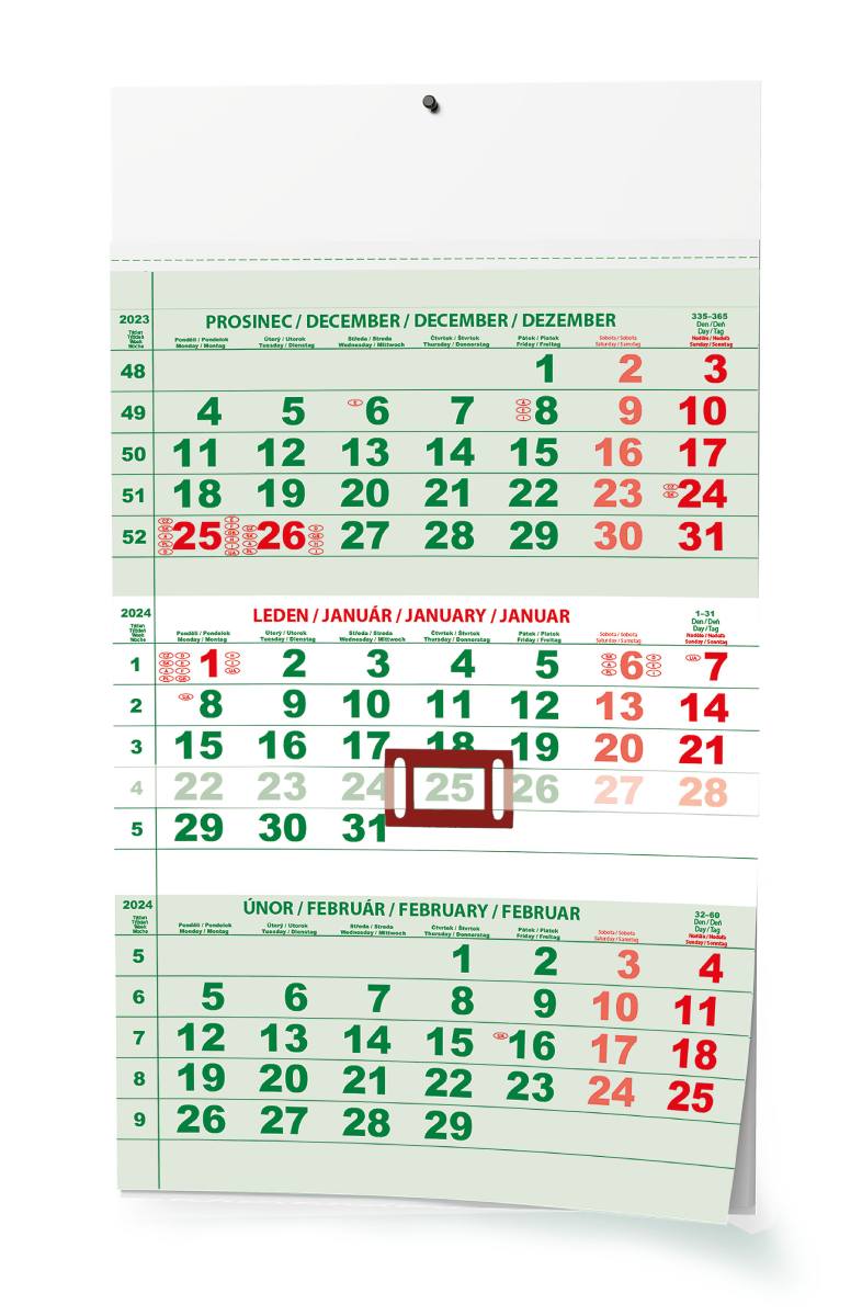 Kalendář nástěnný Tříměsíční A3 zelený - s mezinár. svátky