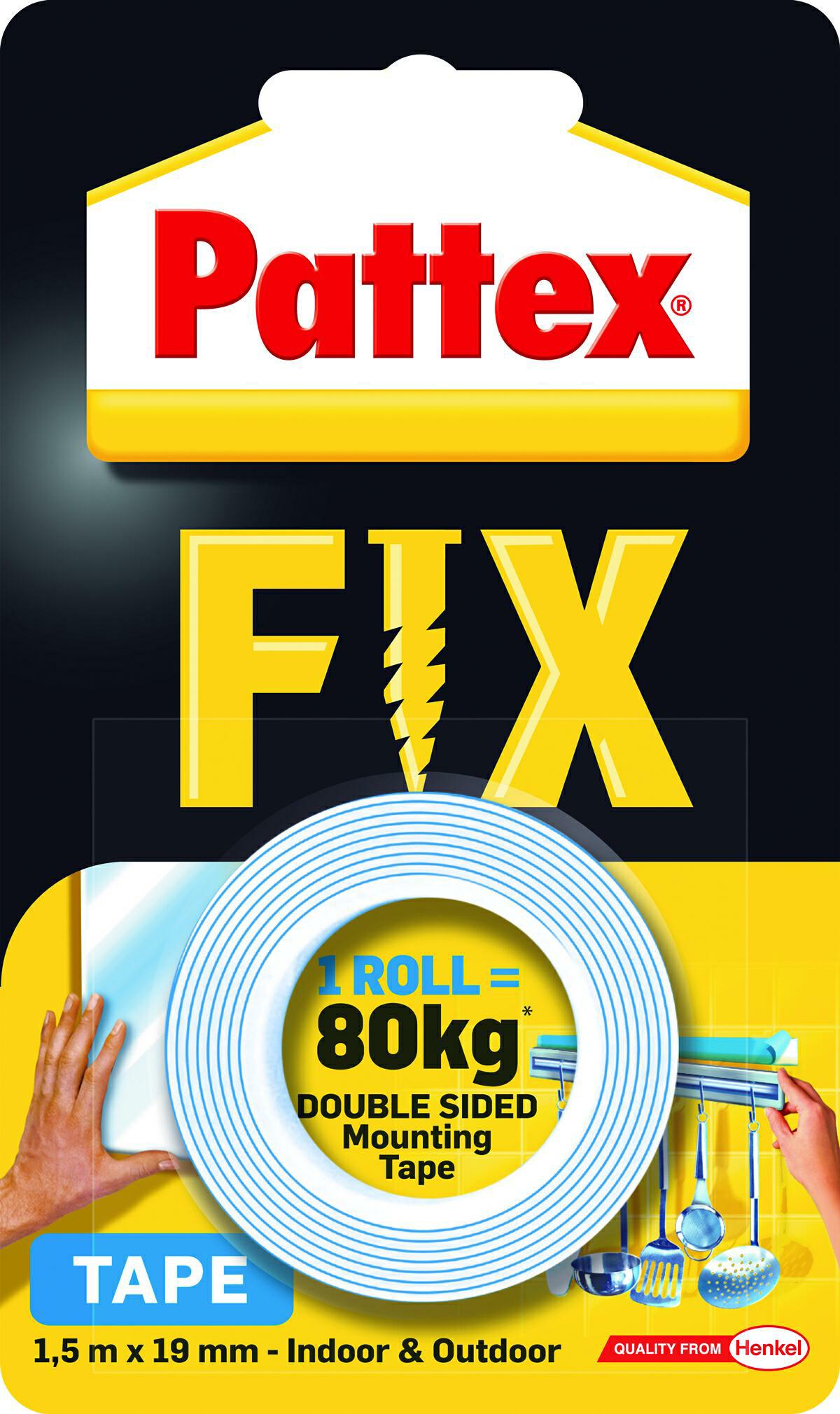 Oboustranná lepicí páska Pattex Fix nosnost 80 kg, 1,5 m x 19 mm