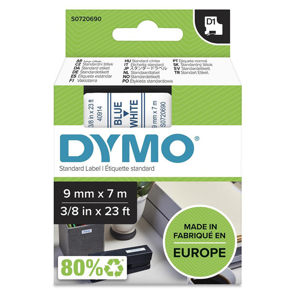 Dymo originální páska do tiskárny štítků, Dymo, 40914, S0720690, modrý tisk/bílý podklad, 7m, 9mm, D1