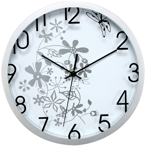 Spoko nástěnné hodiny O 30 cm,květinový motiv,bílo-stříbrné