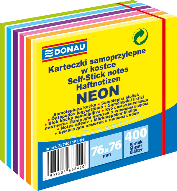 Blok samolepicí Donau 76x76 mm/400 listů 7 neon-pastelových barev