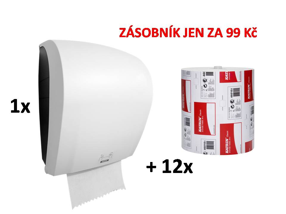 Zásobník na utěrky Katrin 40735 bílý + 12 rolí papírových utěrek Katrin 460102, 2-vrstvé (1 role = 160m)