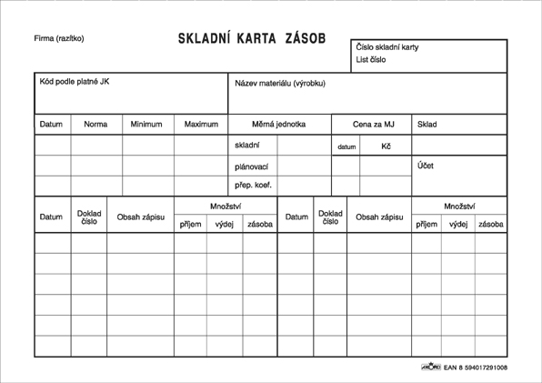 Skladní karta zásob A5 na šířku, oboustranná