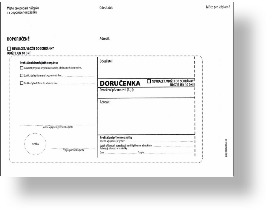 Obálka s doručenkou a odtrhovacím poučením (správní řád) 162 x 217, bez pruhu, text, 1000 ks