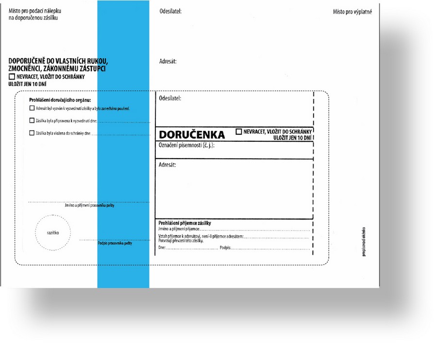 Obálka s doručenkou a odtrhovacím poučením (správní řád) 162 x 217, modrý pruh, text, 1000 ks