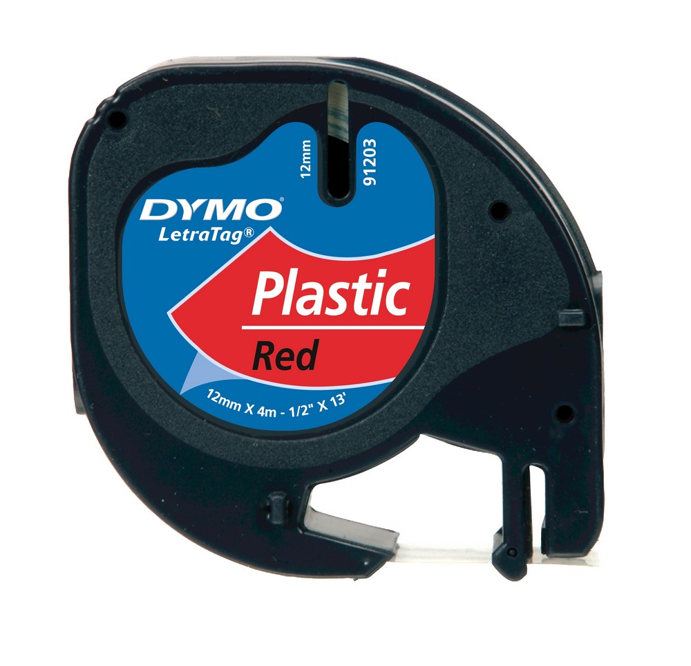 Dymo originální páska do tiskárny štítků, Dymo, 91203, S0721630, černý tisk/červený podklad, 4m, 12mm, LetraTag plastová páska