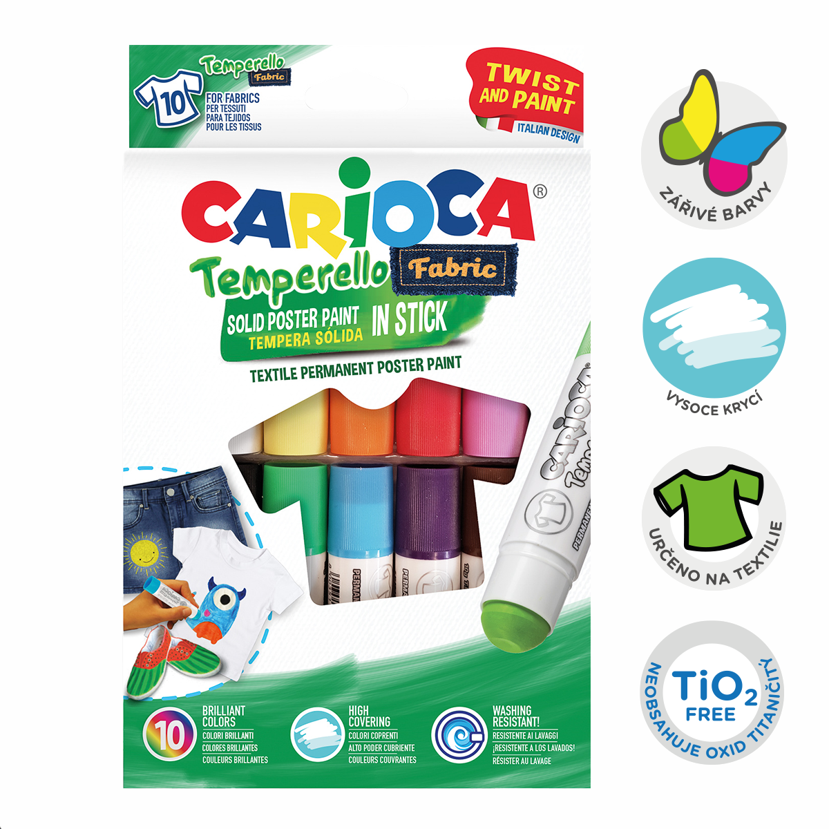 Temperové barvy na textil Carioca, 10 ks, mix barev
