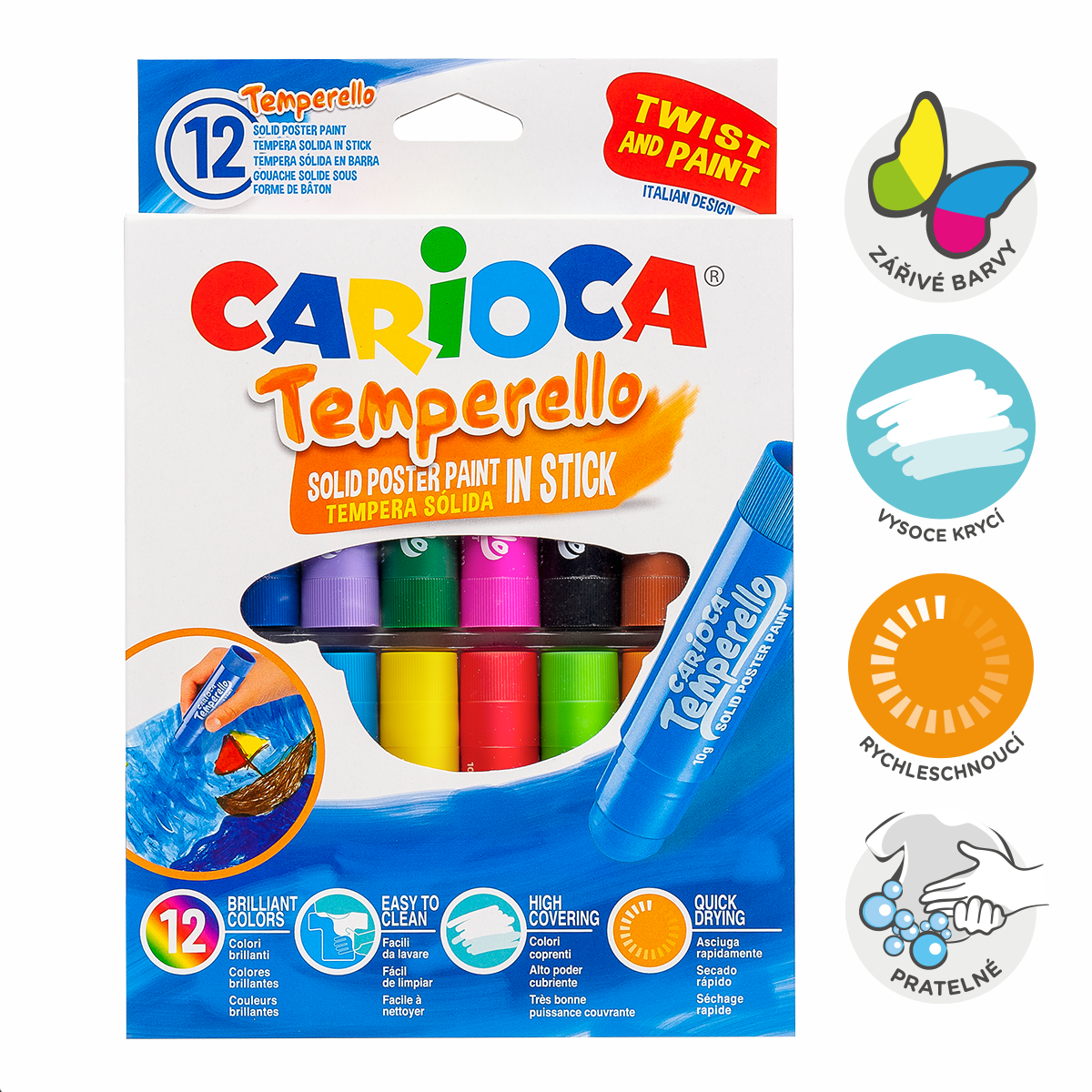 Temperové barvy v tyčince Carioca, 12 ks, mix barev