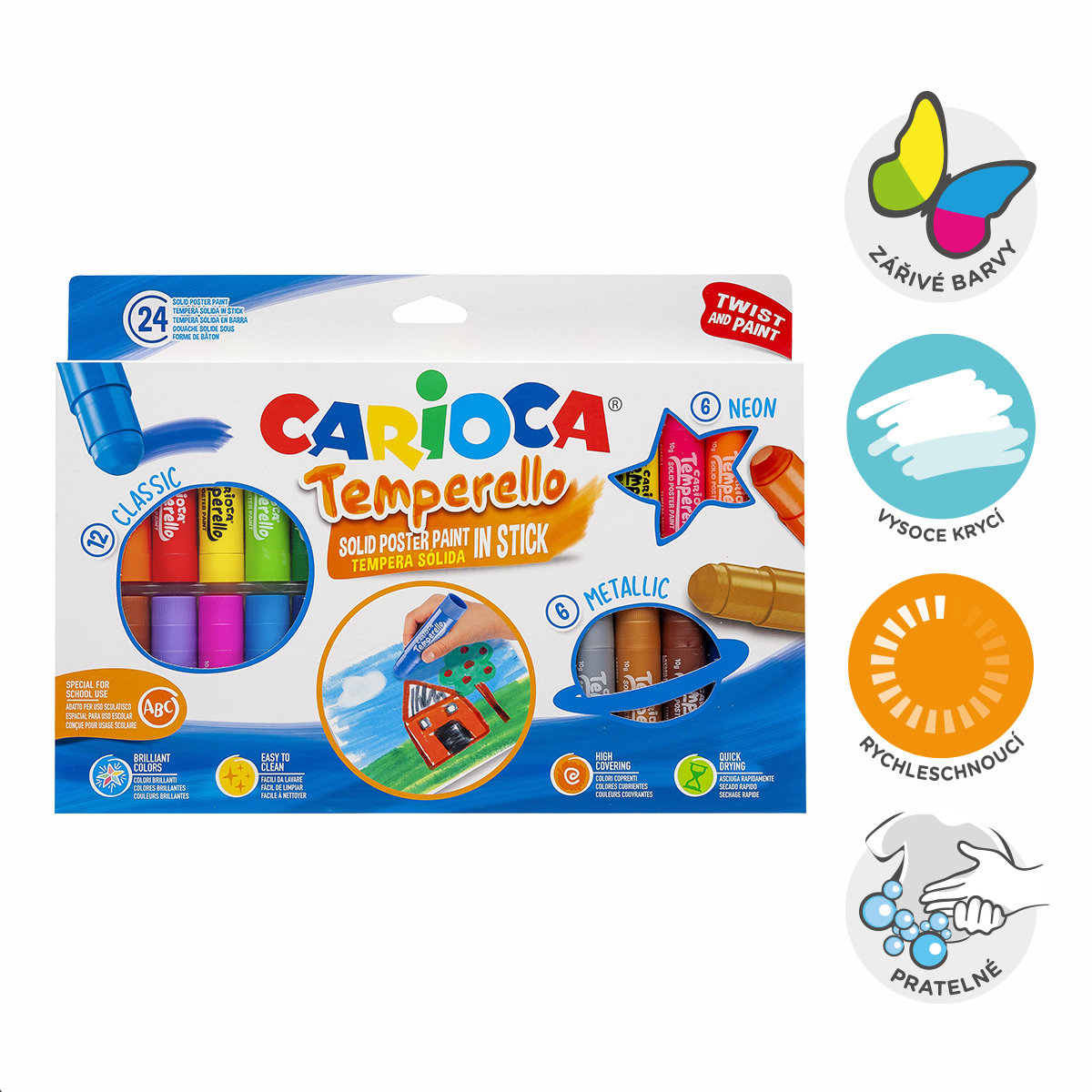 Temperové barvy v tyčince Carioca, 24 ks, mix barev
