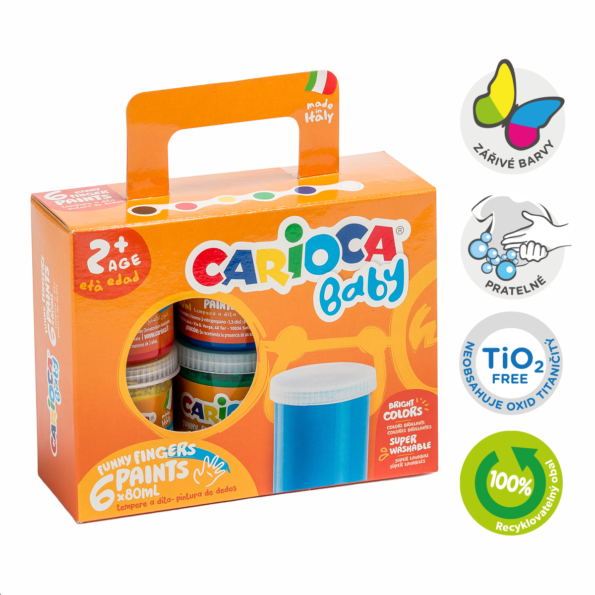 Barvy prstové Carioca Baby 2+, papírový kufřík, 6 × 80 ml