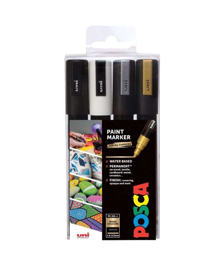 Popisovač akrylový POSCA PC-5M stříbrná, zlatá, černá, bílá 1,8 - 2,5mm / 4 ks