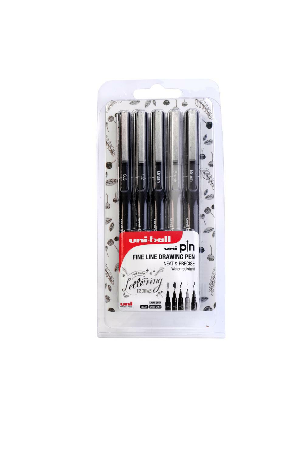 Popisovač PIN LINER sada 5ks (černý 0,3 a 1,2mm + štětec černý,sv.šedý,tm.šedý)