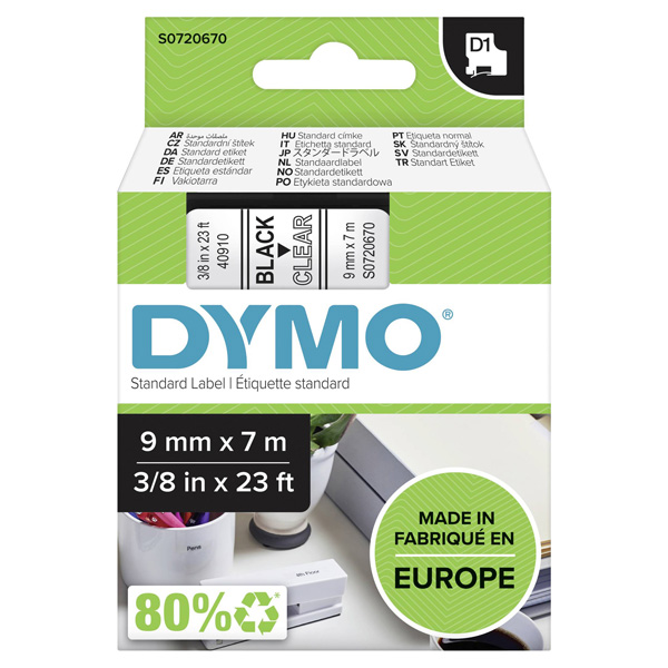 Dymo originální páska do tiskárny štítků, Dymo, 40910, S0720670, černý tisk/transparentní podklad, 7m, 9mm, D1