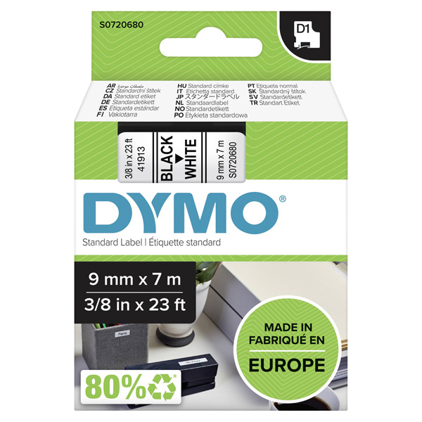 Dymo originální páska do tiskárny štítků, Dymo, 40913, S0720680, černý tisk/bílý podklad, 7m, 9mm, D1