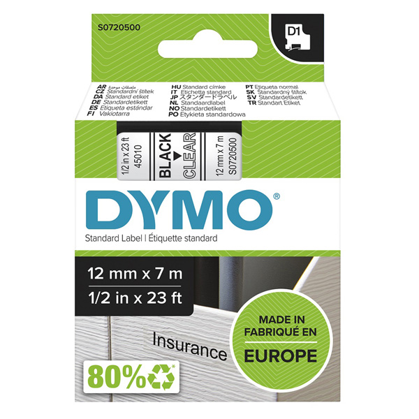 Dymo originální páska do tiskárny štítků, Dymo, 45010, S0720500, černý tisk/transparentní podklad, 7m, 12mm, D1