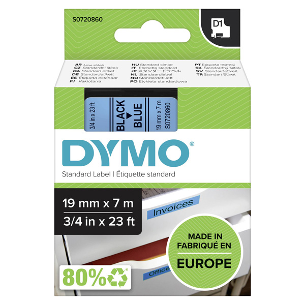 Dymo originální páska do tiskárny štítků, Dymo, 45806, S0720860, černý tisk/modrý podklad, 7m, 19mm, D1