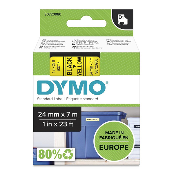 Dymo originální páska do tiskárny štítků, Dymo, 53718, S0720980, černý tisk/žlutý podklad, 7m, 24mm, D1