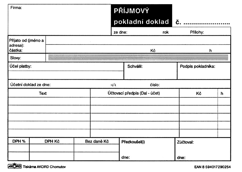 Příjmový pokladní doklad pro plátce DPH, nečíslovaný, A6, blok 100 L, samopropisovací, typ A