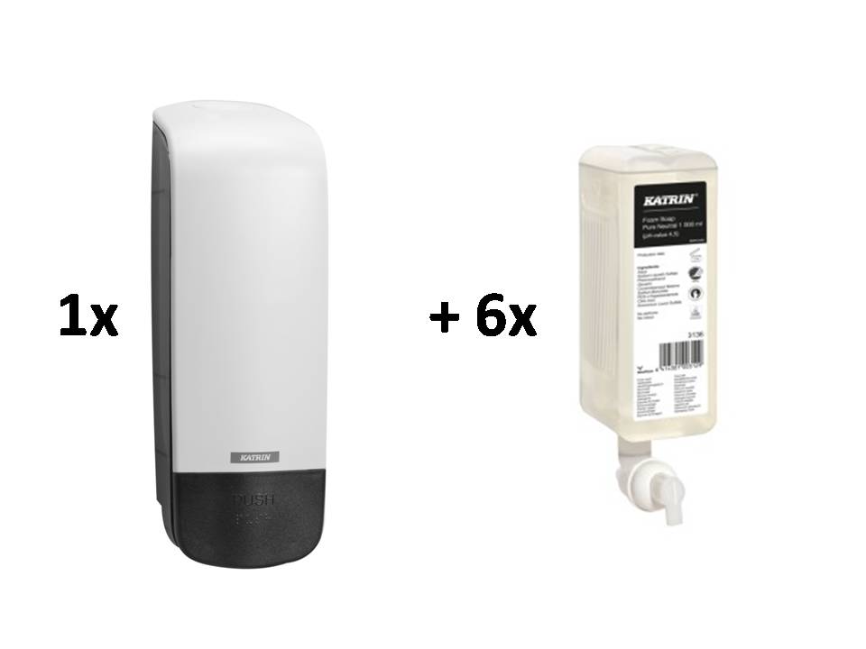 Zásobník na pěnové/tekuté mýdlo Katrin 77373 bílý + 6x pěnové mýdlo Katrin 1000 ml 3136, Pure neutral