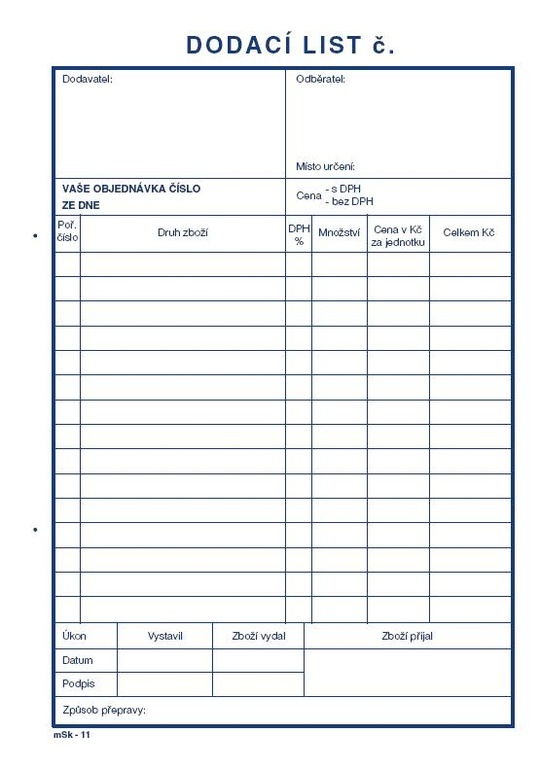 Dodací list A5 propisujicí mSk 11/100 listů