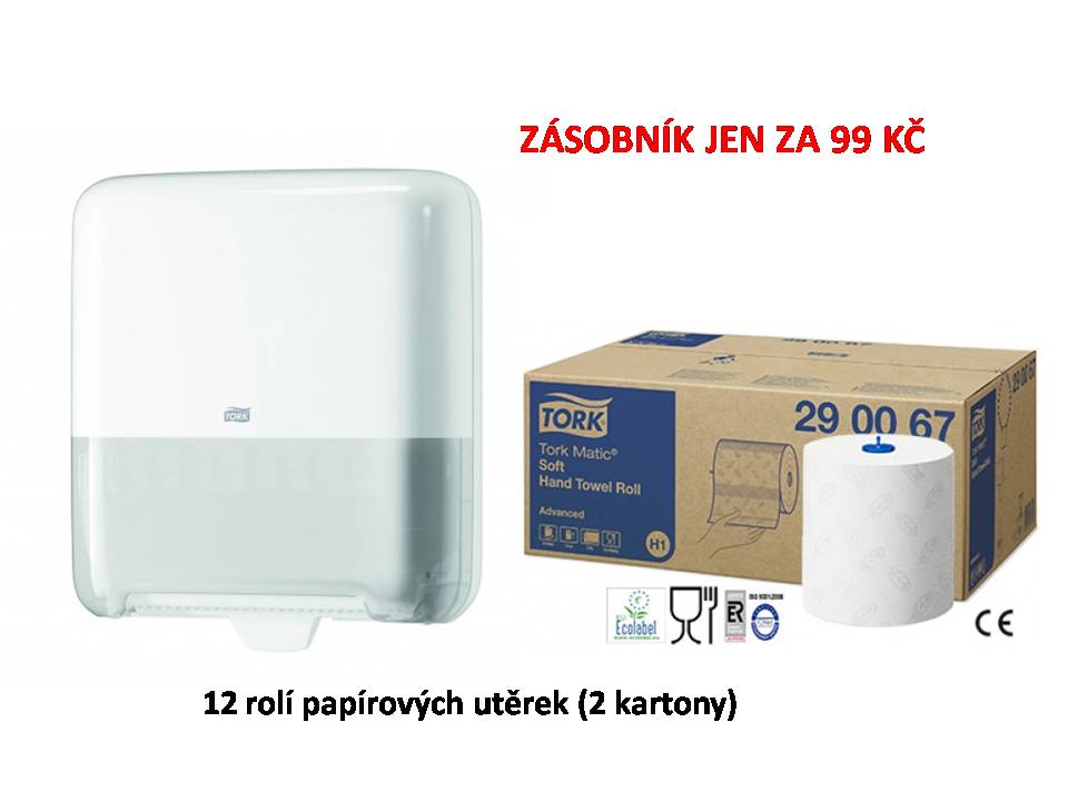 Tork zásobník na utěrky v roli Matic 551000 bílý + 12 rolí papírových utěrek na roli TORK Matic 290067 bílé, 2-vrstvé, 21 cm x 150 m