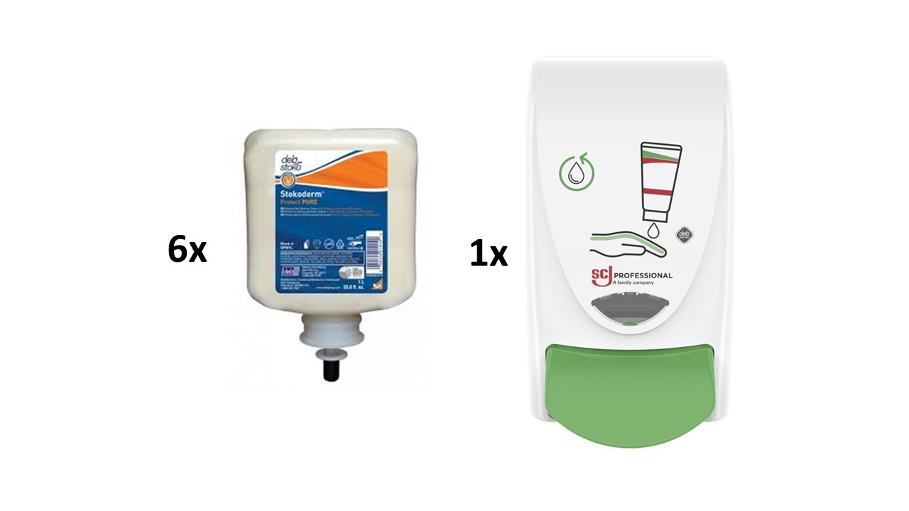 6x univerzální ochranný krém před prací Stokoderm Protect Pure 1l + Dávkovač Image line zelený na 1l patrony přípravků Deb - krémy