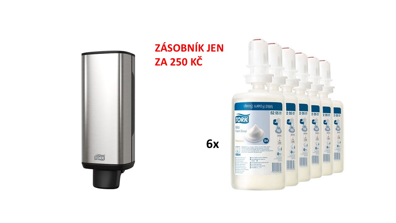 Tork dávkovač na pěnové mýdlo 460010 nerezový mechanický 1000 ml + 6x pěnové mýdlo Tork 520501, 1000 ml