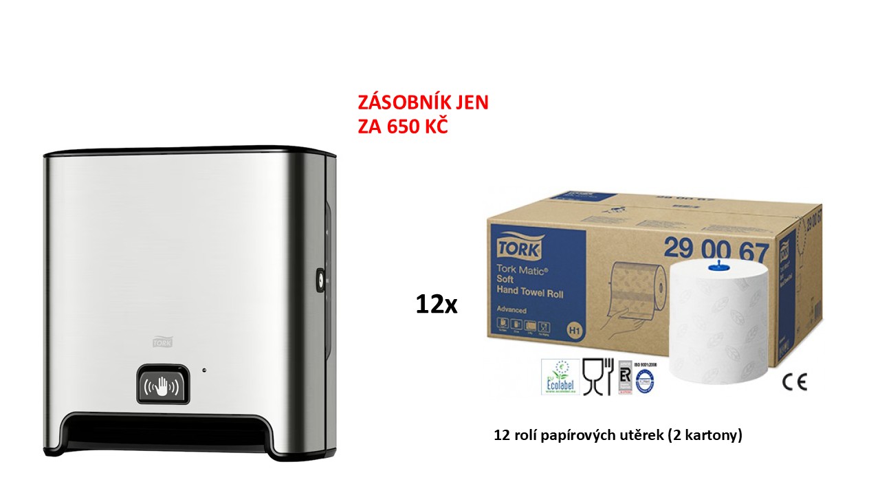 Tork zásobník na utěrky v roli Matic 460001 nerezový, senzorový + 12 rolí papírových utěrek na roli TORK Matic 290067 bílé, 2-vrstvé, 21 cm x 150 m