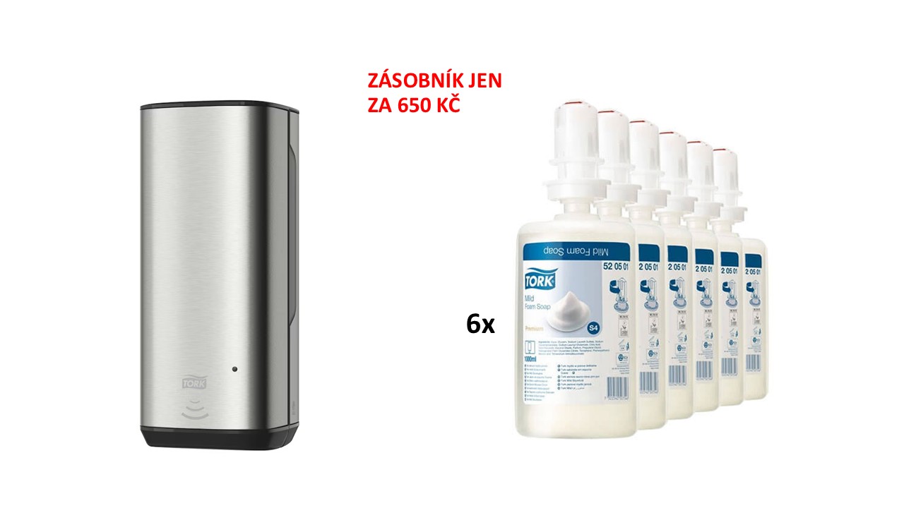 Tork dávkovač na pěnové mýdlo 460009 nerezový senzorový 1000 ml + 6x pěnové mýdlo Tork 520501, 1000 ml