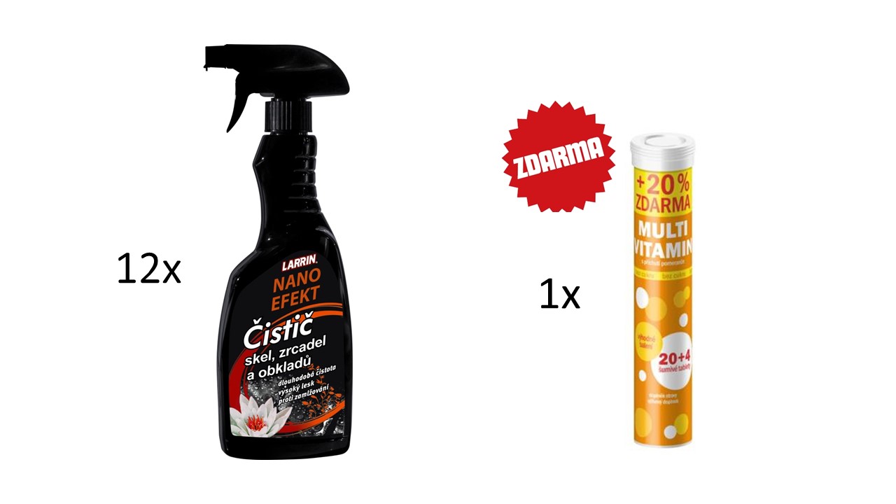 LARRIN nano čistič skel, zrcadel a obkladů 500ml MR + dárek Multivitamin šumivý 20 + 4 tablet pomeranč