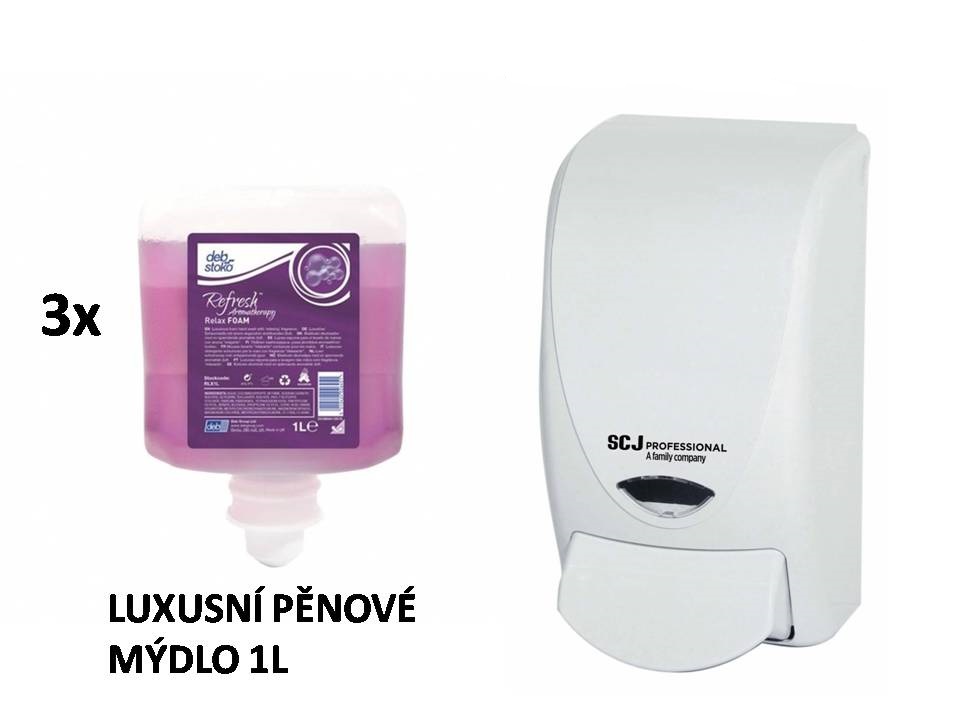 3x Luxusní pěnové mýdlo Refresh Relax 1l / 2000 dávek + Dávkovač Proline bílý na 1l patrony přípravků Deb