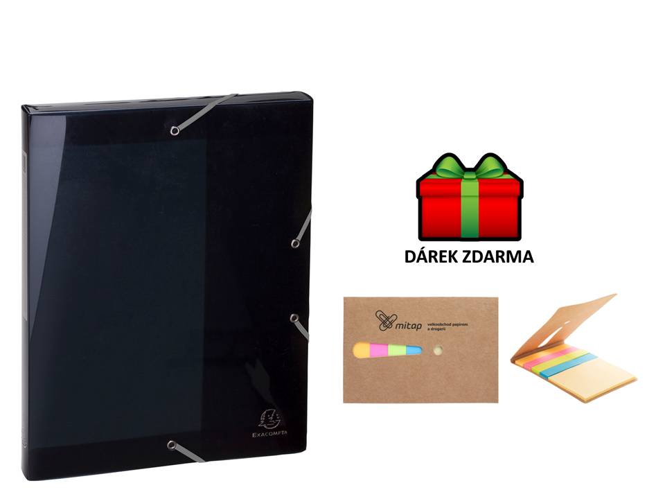 Exacompta box na spisy s gumičkou A4 maxi, hřbet 25mm černý transparentní + samolepicí bločky MITAP