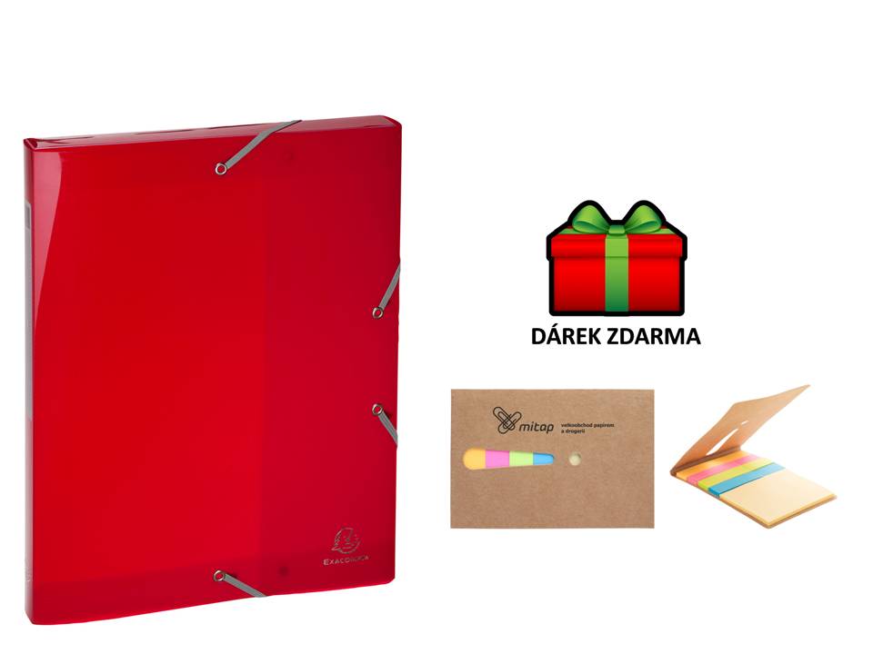 Exacompta box na spisy s gumičkou A4 maxi, hřbet 25mm červený transparentní + samolepicí bločky MITAP