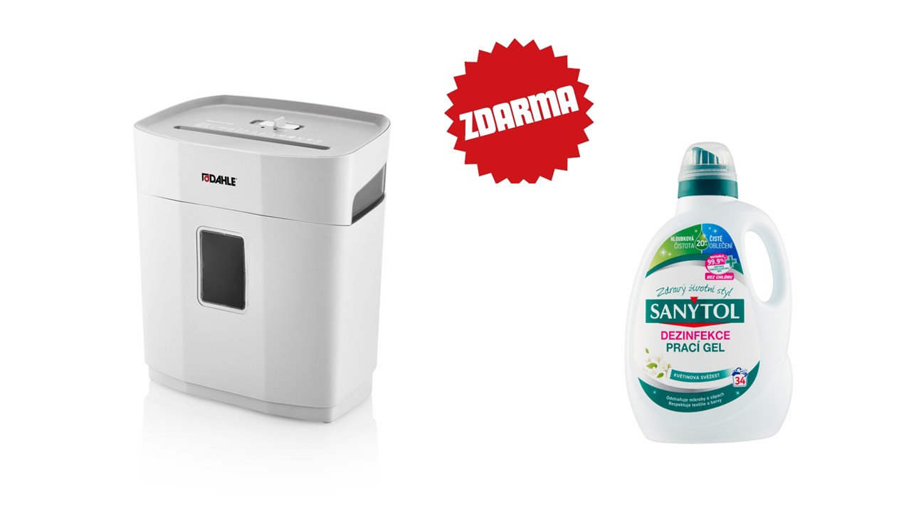 Skartovač DAHLE PaperSAFE® 140, 10 listů, 5 x 18 mm, 12 l + Sanytol prací gel, 1,7 l, 34 dávek