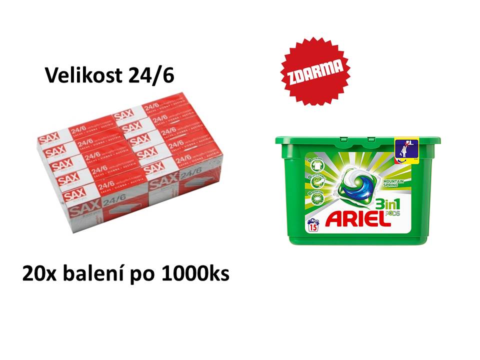 20x jehly/drátky do sešívačky SAX 24/6 1000 ks + Ariel kapsle do pračky 10 PD