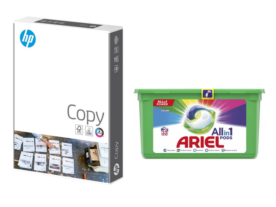 Papír kopírovací HP Copy A4 80g 500 listů + Ariel Color Gelové kapsle na praní 36 ks