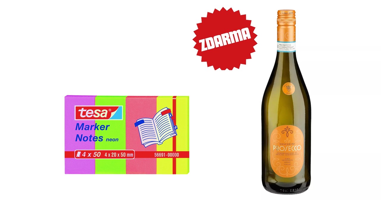 Blok samolepicí TESA 20 x 50 mm, papírové záložky, 4x 50 listů + dárek Prosecco 0,75l