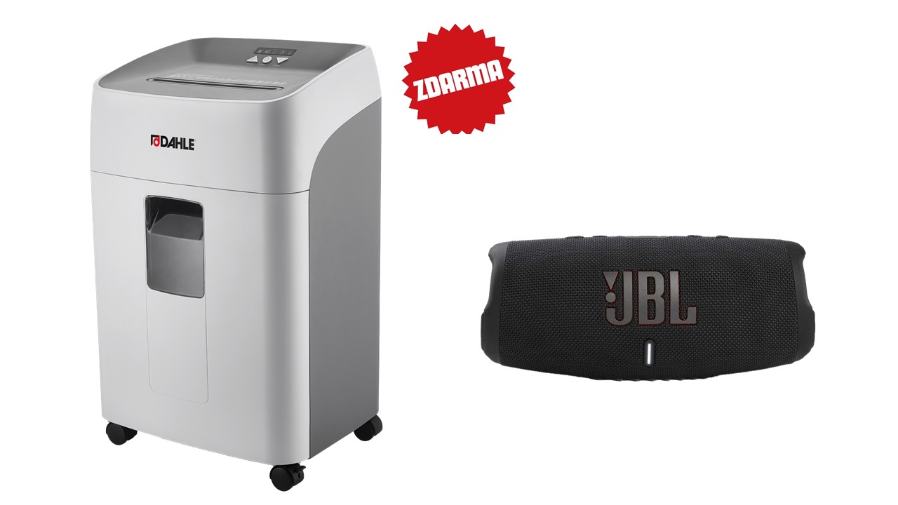 Skartovač DAHLE Deskside 404P, 19 -21 listů, 4 × 35 mm, 40 l + přenosný reproduktor JBL Charge 5 černý