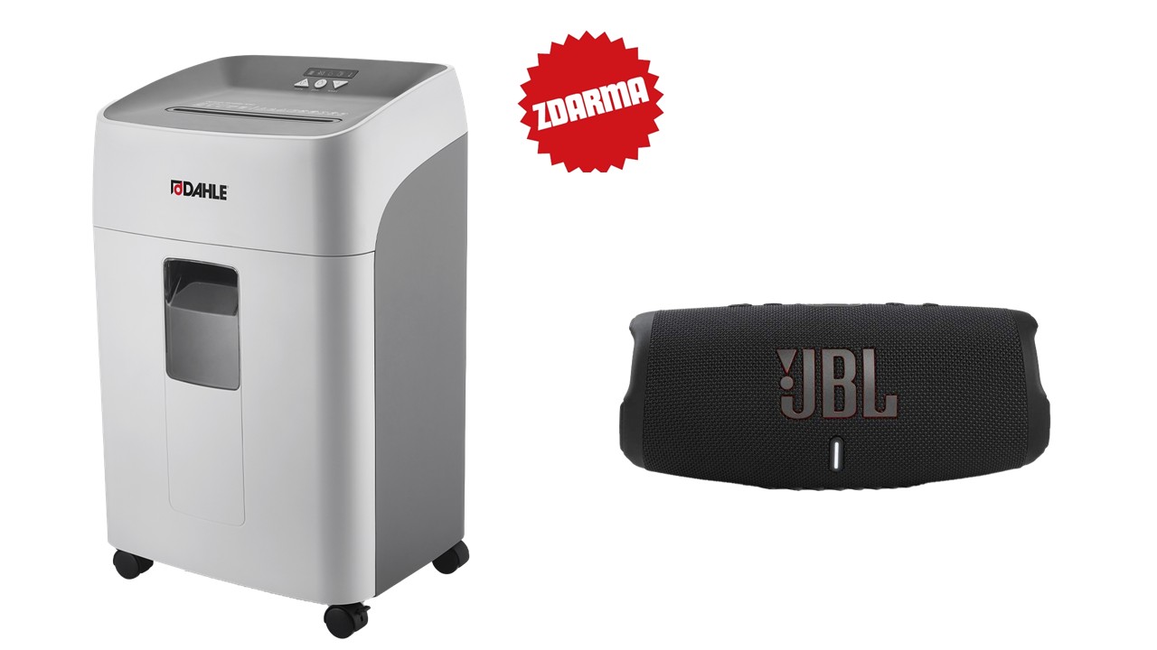 Skartovač DAHLE Deskside 504P, 13 -15 listů, 2 × 15 mm, 40 l + přenosný reproduktor JBL Charge 5 černý